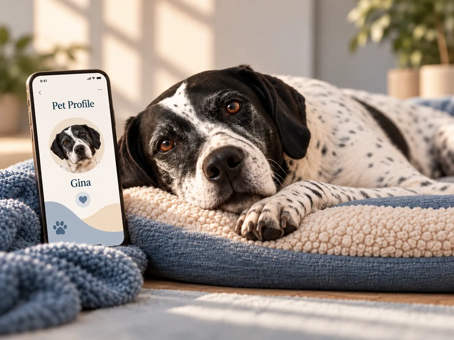 A dog resting beside their person at home